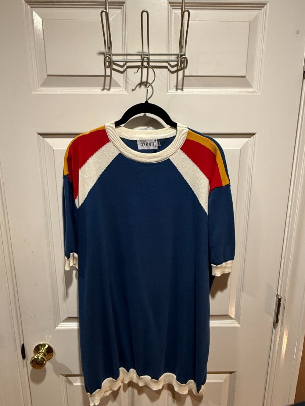 OXKNIT Color Block Knit Sweater Dress Tunic NWT Blue Red Cream